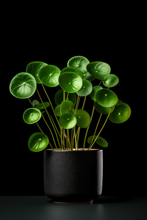 Photo of Pilea_peperomioides in minimalist pot as houseplant for home decoration isolated on black backgroundの素材
