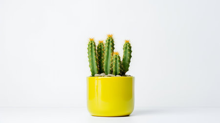 Photo of Prickly_pear in minimalist yellow pot as houseplant for home decoration isolated on white backgroundの素材
