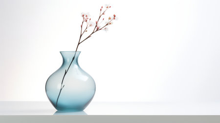 Photo of one stem in minimalist transparent vase as houseplant for home decoration isolated on warm color backgroundの素材