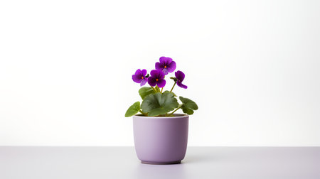 Photo of Violet_flower in minimalist pot as houseplant for home decoration isolated on white backgroundの素材