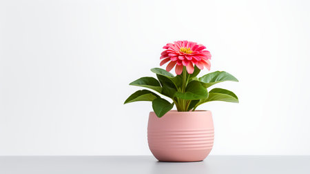 Photo of Zinnia in minimalist pot as houseplant for home decoration isolated on white backgroundの素材