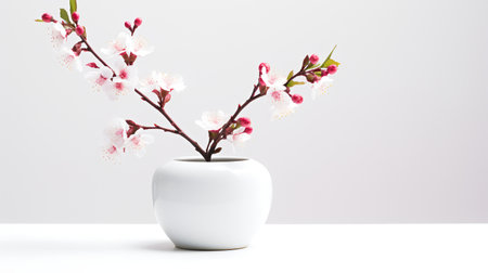 Photo of plum_blossom in minimalist pot as houseplant for home decoration on white table isolated on bright backgroundの素材