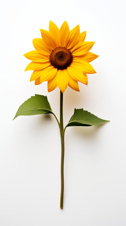 Photo of one stalk of sunflower isolated on white backgroundの素材