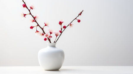 Photo of plum_blossom in minimalist pot as houseplant for home decoration on white table isolated on bright backgroundの素材