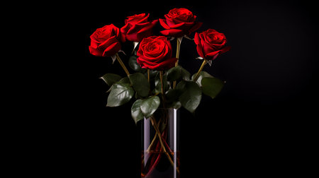 Photo of rose flowers in minimalist vase as houseplant for home decoration isolated on black backgroundの素材