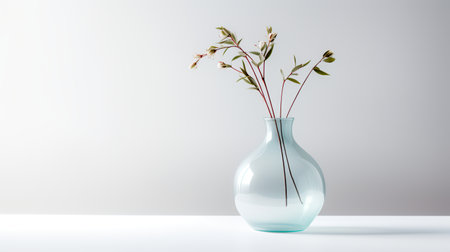 Photo of one stem in minimalist transparent vase as houseplant for home decoration isolated on warm color backgroundの素材