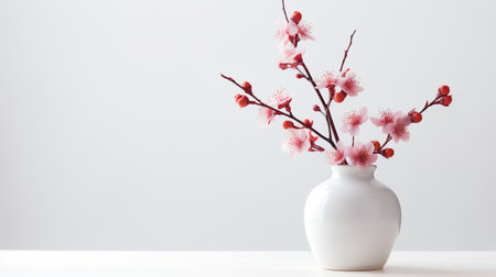 Photo of plum_blossom in minimalist pot as houseplant for home decoration on white table isolated on bright backgroundの素材
