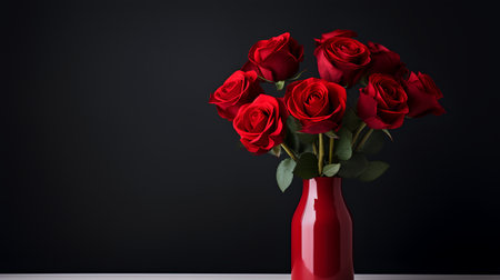 Photo of rose flowers in minimalist vase as houseplant for home decoration isolated on black backgroundの素材