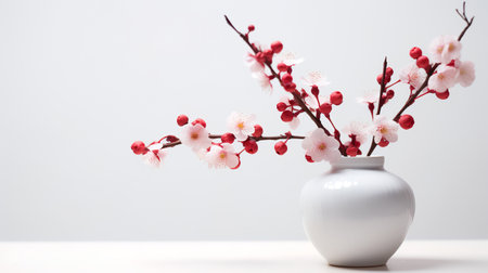Photo of plum_blossom in minimalist pot as houseplant for home decoration on white table isolated on bright backgroundの素材