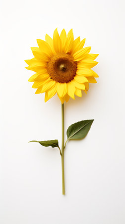 Photo of one stalk of sunflower isolated on white backgroundの素材