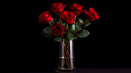 Photo of rose flowers in minimalist vase as houseplant for home decoration isolated on black backgroundの素材