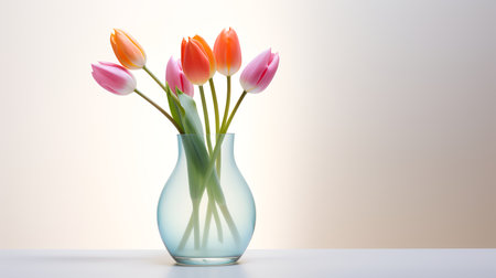 Photo of tulips in minimalist transparent vase as houseplant for home decoration isolated on warm color backgroundの素材