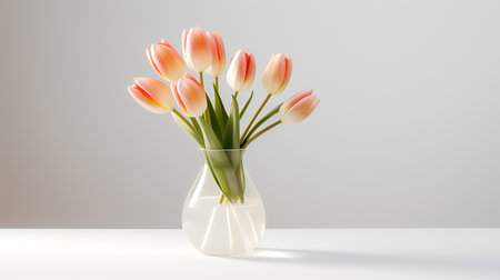 Photo of tulips in minimalist transparent vase as houseplant for home decoration isolated on warm color backgroundの素材