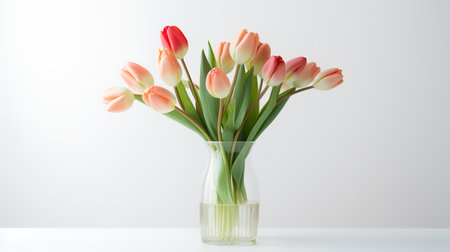Photo of tulips in minimalist transparent vase as houseplant for home decoration isolated on warm color backgroundの素材