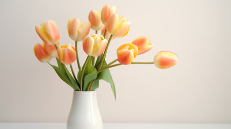 Photo of tulips in minimalist transparent vase as houseplant for home decoration isolated on warm color backgroundの素材