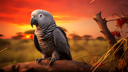 Photo of African Grey Parrot on savanna at sunsetの素材