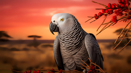 Photo of African Grey Parrot on savanna at sunsetの素材