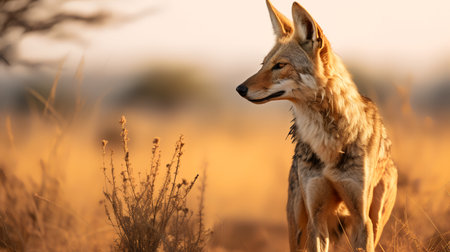 Photo of Black-Backed Jackal on savanna at sunsetの素材