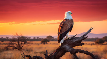 Photo of African Fish Eagle on savanna at sunsetの素材