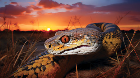 Photo of African Python on savanna at sunsetの素材