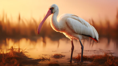Photo of African Spoonbill on savanna at sunsetの素材