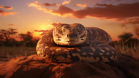 Photo of African Python on savanna at sunsetの素材