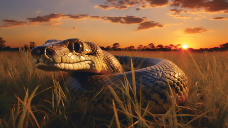 Photo of African Python on savanna at sunsetの素材
