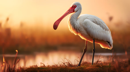 Photo of African Spoonbill on savanna at sunsetの素材