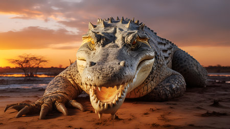Photo of Crocodile on savanna at sunsetの素材