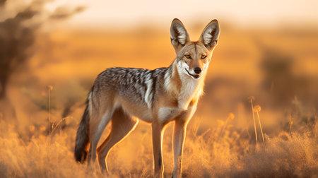 Photo of Black-Backed Jackal on savanna at sunsetの素材