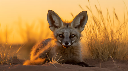 Photo of Bat Eared Fox on savanna at sunsetの素材