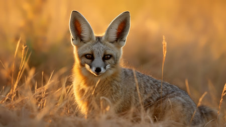 Photo of Bat Eared Fox on savanna at sunsetの素材