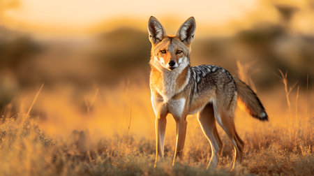 Photo of Black-Backed Jackal on savanna at sunsetの素材