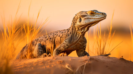 Photo of Nile Monitor on savanna at sunsetの素材