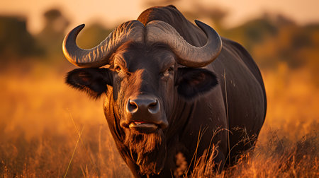 Photo of Buffalo on savanna at sunsetの素材