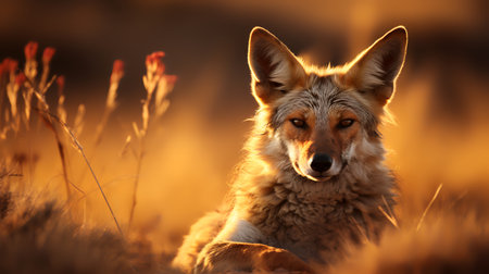 Photo of Black-Backed Jackal on savanna at sunsetの素材
