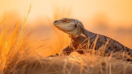 Photo of Nile Monitor on savanna at sunsetの素材