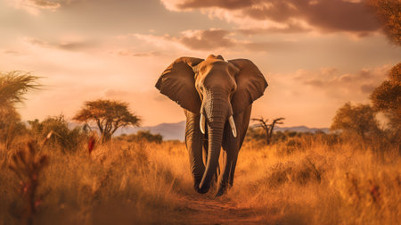 Photo of Elephant on savanna at sunsetの素材