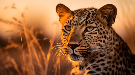 Photo of Leopard on savanna at sunsetの素材