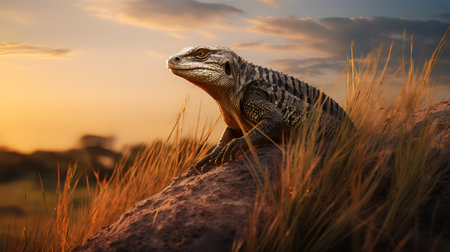 Photo of Nile Monitor on savanna at sunsetの素材