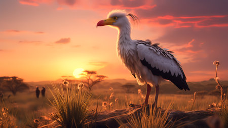 Photo of Secretary Bird on savanna at sunsetの素材