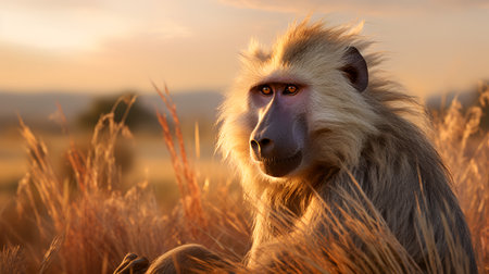 Photo of Baboon on savanna at sunsetの素材