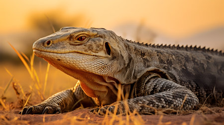 Photo of Nile Monitor on savanna at sunsetの素材