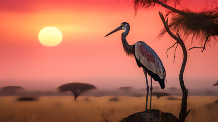 Photo of Marabou Stork on savanna at sunsetの素材
