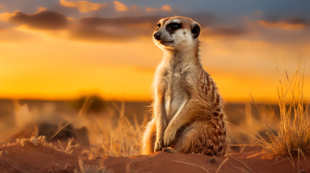 Photo of Meerkat on savanna at sunsetの素材