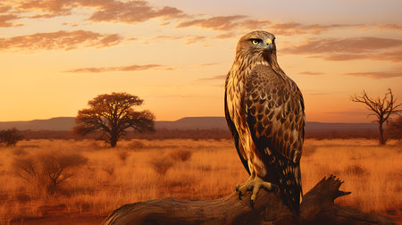 Photo of Martial Eagle on savanna at sunsetの素材