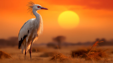 Photo of Secretary Bird on savanna at sunsetの素材