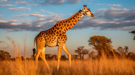 Photo of giraffe on savanna at sunsetの素材
