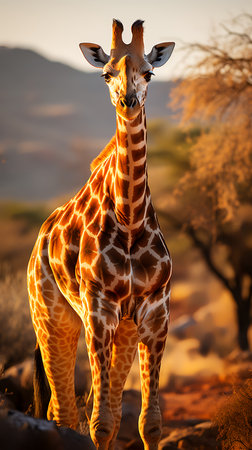 Photo of giraffe on savanna at sunsetの素材