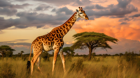 Photo of giraffe on savanna at sunsetの素材